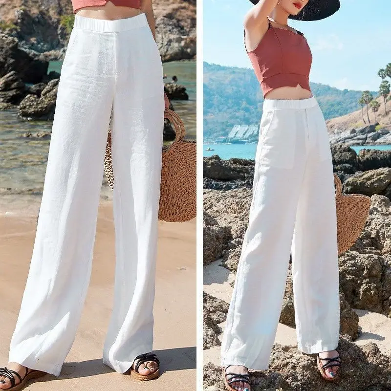 Women's Pants Summer Cotton Linen Wide Leg Pants Full Length Casual Solid White Loose High Waist Straight Trousers Women