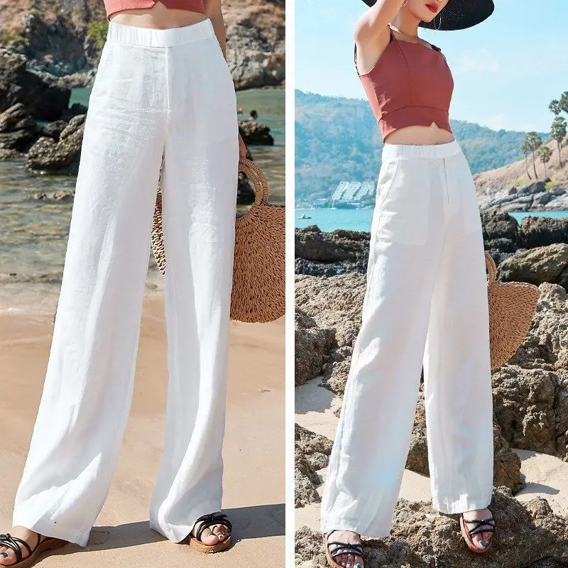 

Women's Pants Summer Cotton Linen Wide Leg Pants Full Length Casual Solid White Loose High Waist Straight Trousers Women