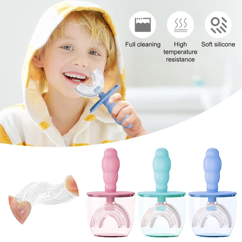 

U-образная детская зубная щетка, пищевой силикон, 360 градусов, с пылезащитной крышкой, для возраста, детский инструмент для ухода за зубами и ...