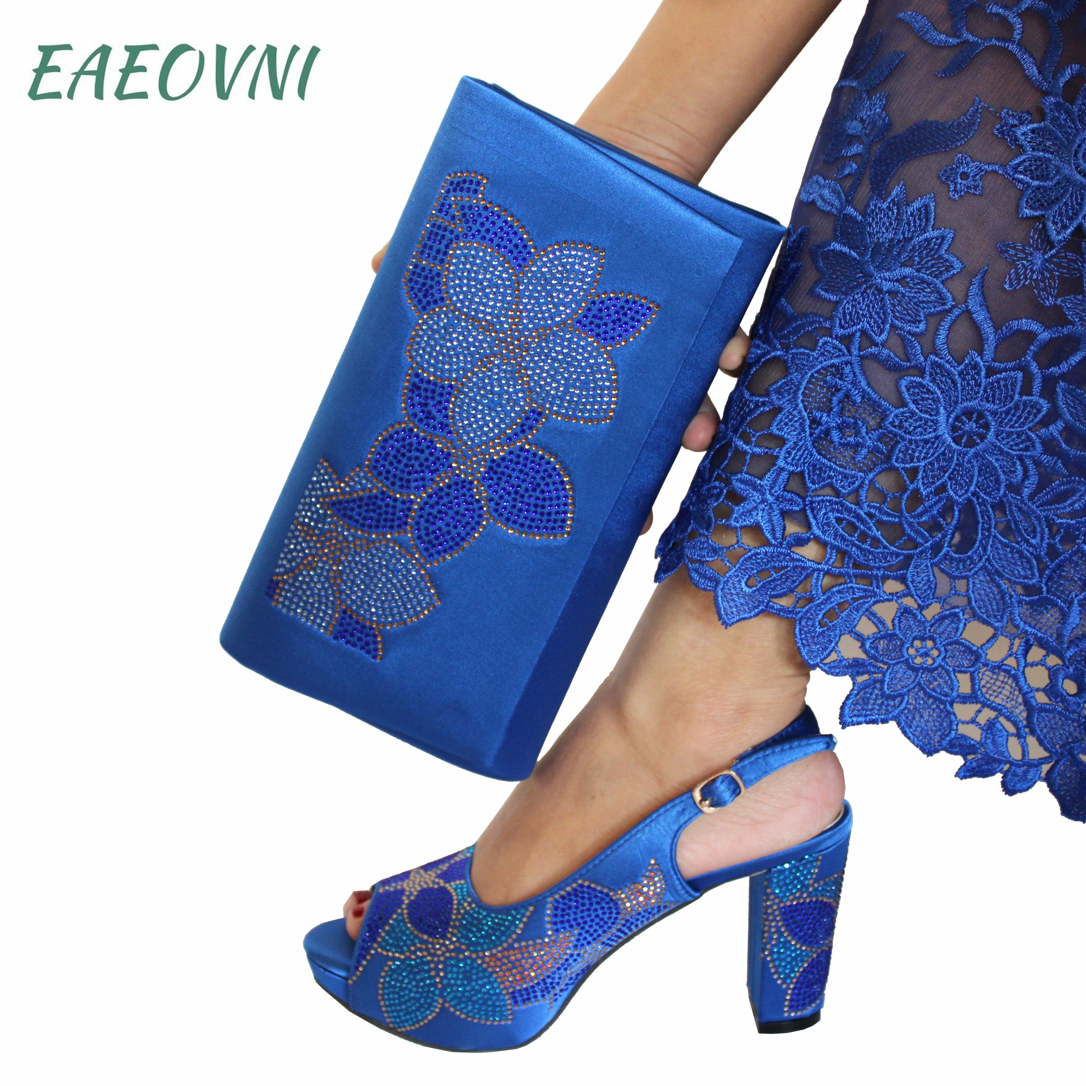 

Latest Royal Blue Fashion Design Women Peep Toe Square Heels Shoes Matching Bag Set For Mature Ladies Party