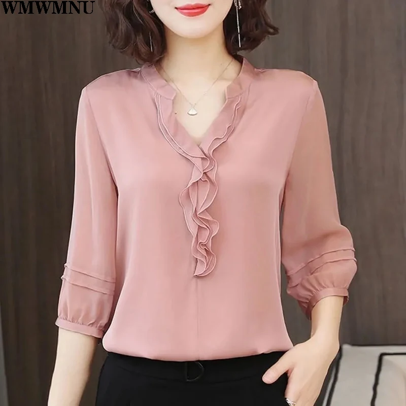 

Summer Oversized 5XL Women Chiffon Shirts Lady Casual Half Lantern Sleeve V-Neck Ruffles Blouse Fashion Decor Blusas Tops