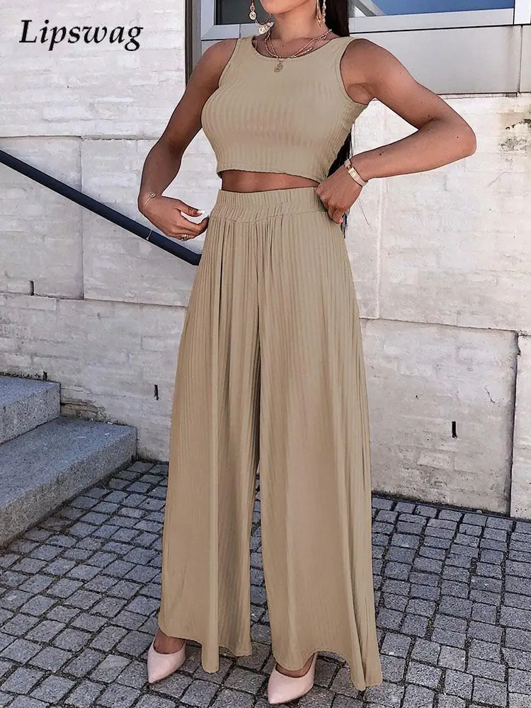 

Women 2022 Summer Sexy Sleeveless Vest Tops And Wide Leg Pants Fashion Loose Suits Casual Ribbed Loose Two Piece Set Tracksuit