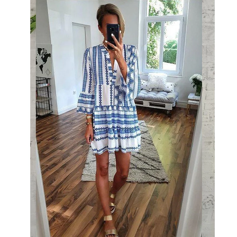 

2022 Women Dresses Geometric Print Long Dress Boho Dress O-neck Button Sexy Flare Long Sleeve Summer Autumn Dress Women Casual