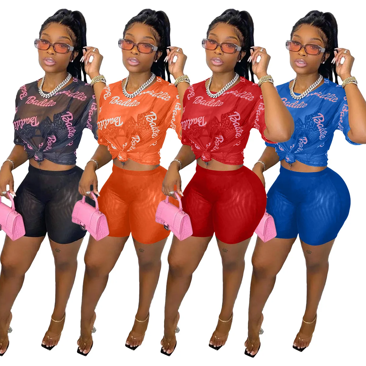 

Women Tracksuit Summet Two Piece Sets Floral Print Mesh Tee Shirts and Shorts Sets Ladies Sexy Outfit Clubwear