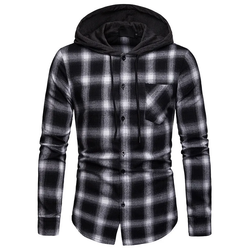 2022 Spring European Size Men's Business Shirts Fashion Plaid Shirts Casual Long Sleeve Shirts Hooded Jackets Fashion Men