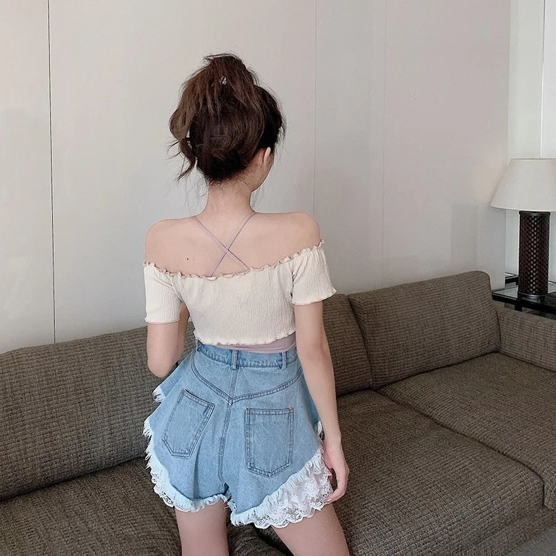 Summer High Waist Lace Hot Shorts Women's Beach Loose Oversize Short Jeans Female Decals Hole Washed Denim Shorts Female Fashion