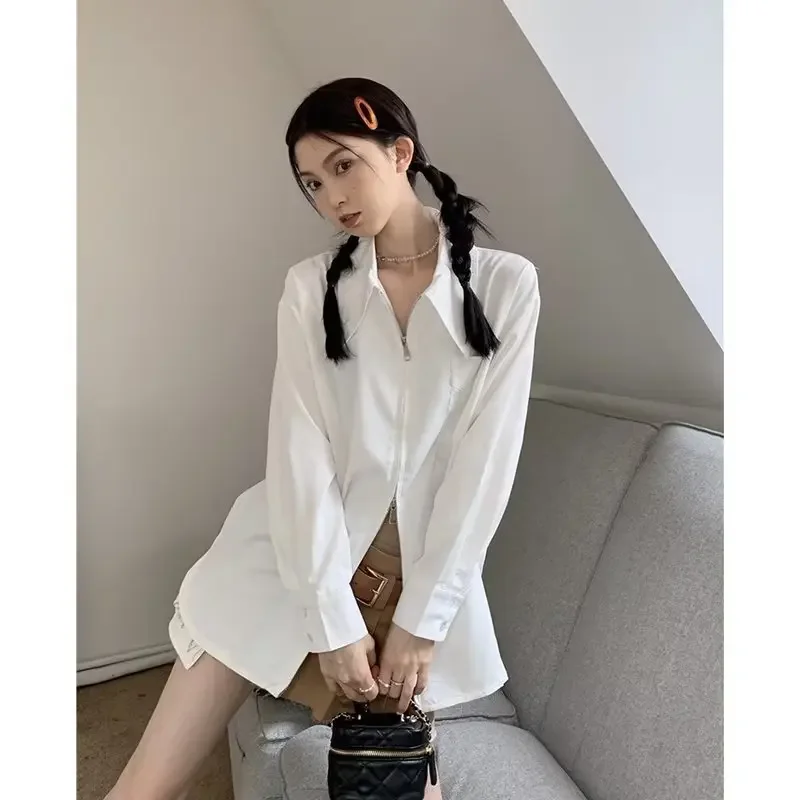 Новая однотонная рубашка с длинными рукавами на молнии женская весенне-летняя