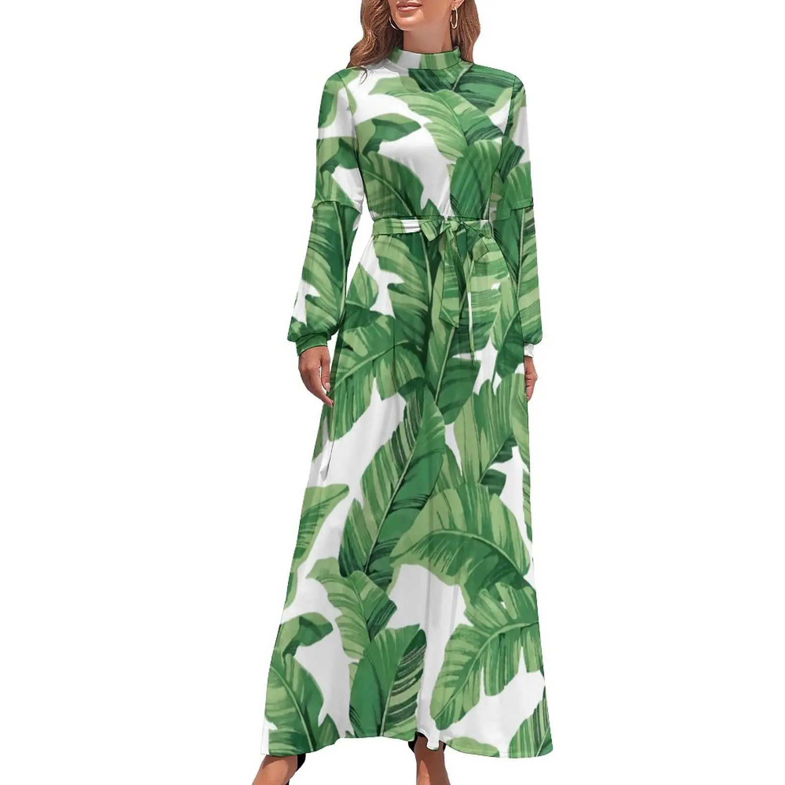 

Banana Leaf Dress Tropical Print Party Design Maxi Dress High Waist Long Sleeve Street Style Beach Long Dresses