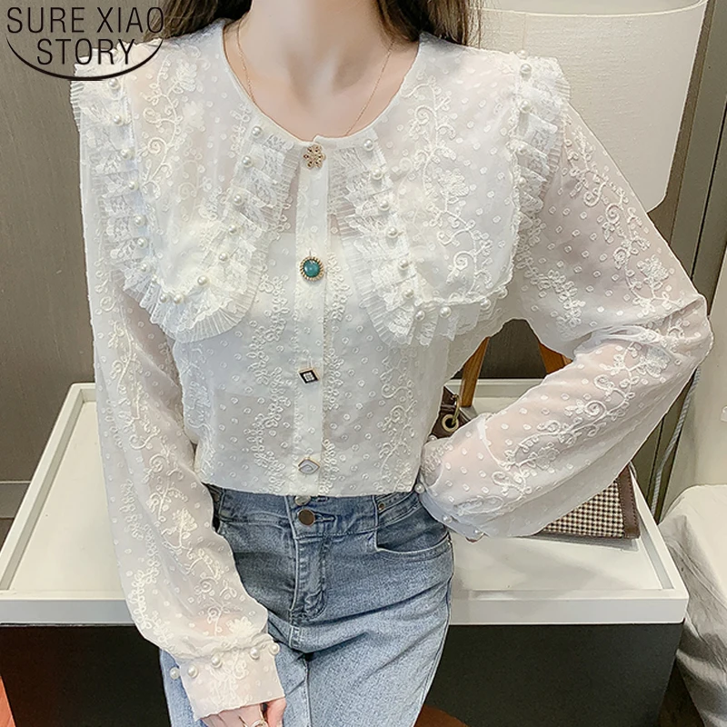 

Elegant Ruffled Button Shirts Autumn Lace Blouse White Sweet Apricot Peter Pan Collar Puff Long Sleeve French Loose Tops 17247