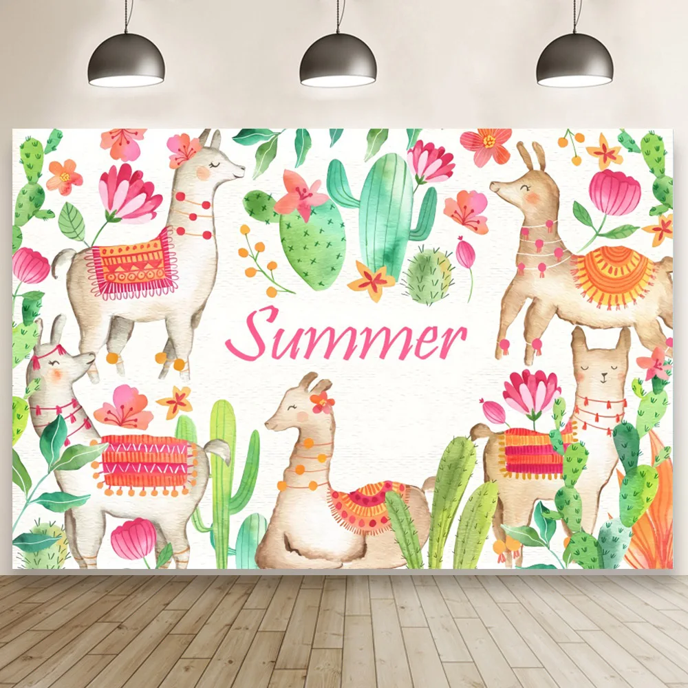 

Alpaca Cute Animal Cactus Children Party Background Baby Shower Summer Decor Banner Photography Studio Backdrop Booth