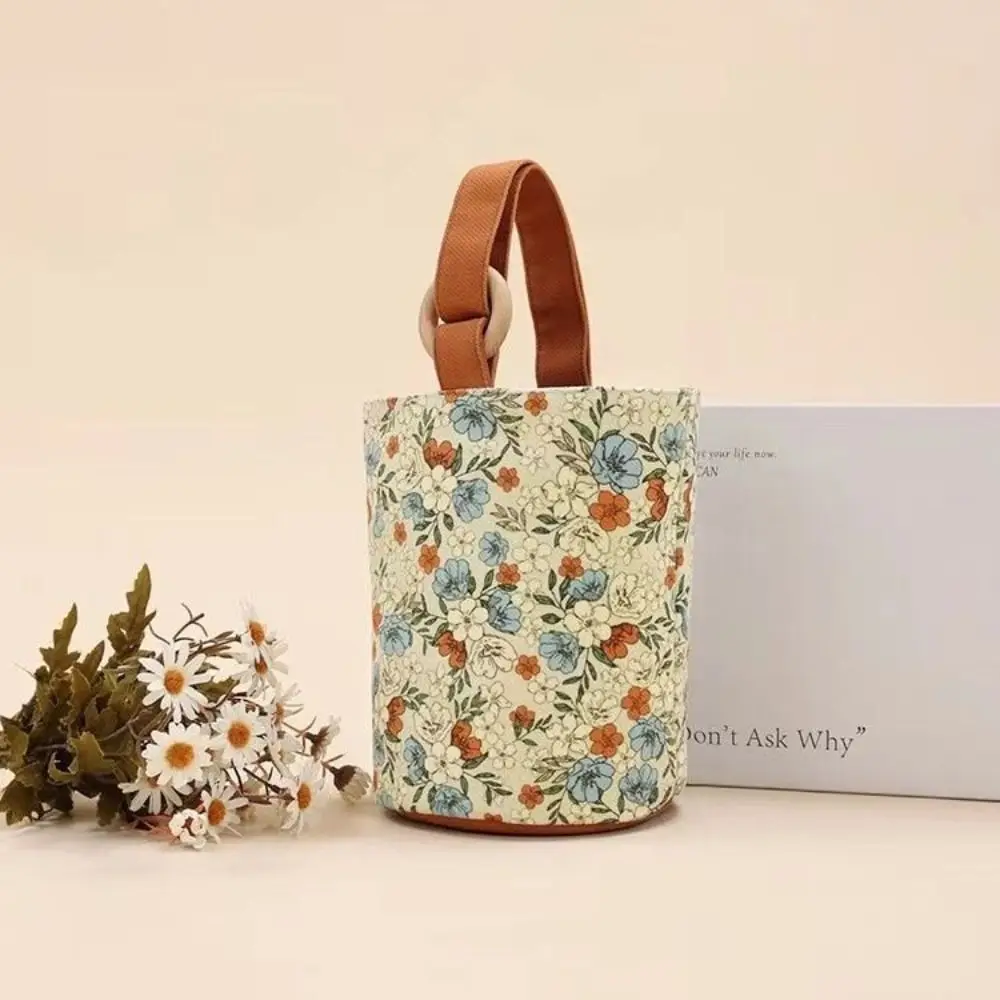 

Large Capacity Retro Flower Bucket Bag Simple Canvas Handbag Korean Style Tote Bag Lunch Bag Travel