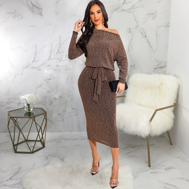 

Women Dress Women Sexy Elegant Party Formal Dress Summer Solid Slim Lace-up Dress Casual Long Sleeve High Waist Slash Neck Dress