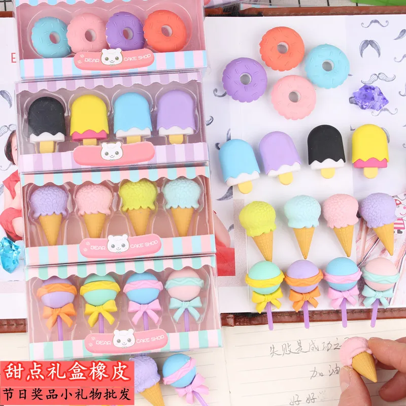 

4PC Creative cartoon gift box rubber student holiday prize gift simulation dessert burger rubber wholesale cute food eraser