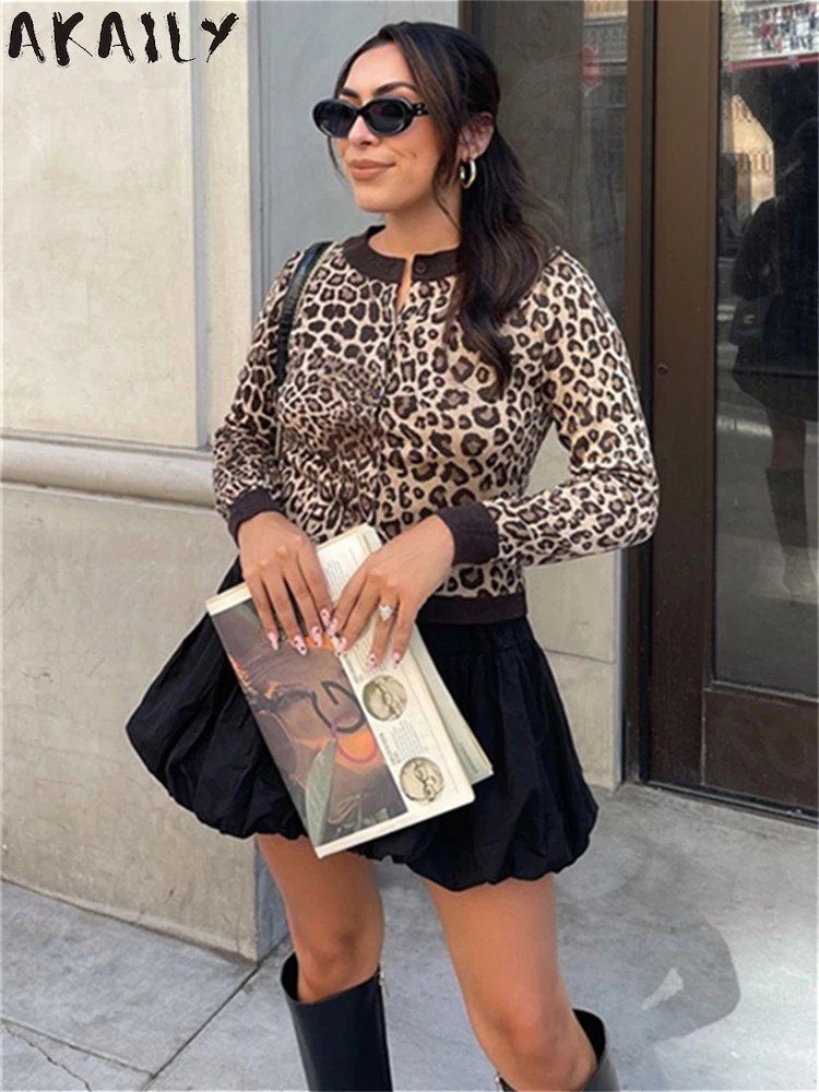 Akaily осень-зима леопардовый кардиган на пуговицах свитер для женщин 2024 вязаное