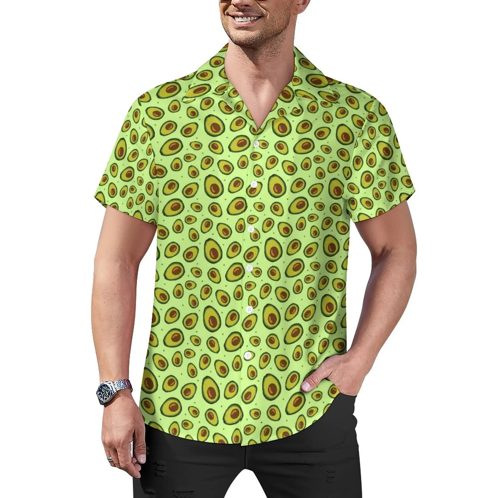 

Lime Green Avocado Casual Shirt Fruit Print Vacation Loose Shirt Hawaii Stylish Blouses Short Sleeve Graphic Oversized Clothes