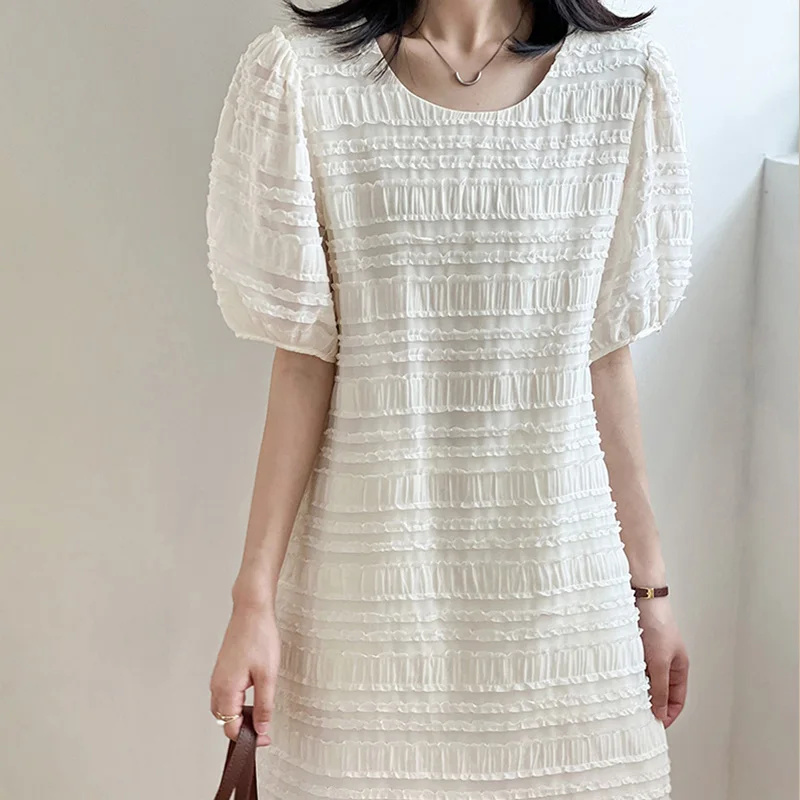 

2022 Summer Women's Dress Short Korean Style Fashion O-Neck Puff Sleeves White Pleated Stitching Casual Ladies Clothing 80527