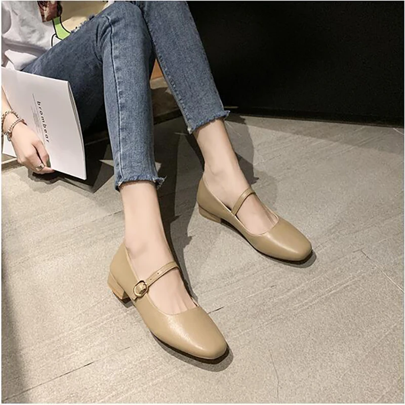 2023 New Women Low Heel Shoes Square Toe Retro Mary Janes Pumps Casual Spring Autumn Lady Weekly Shoes Size 35-40