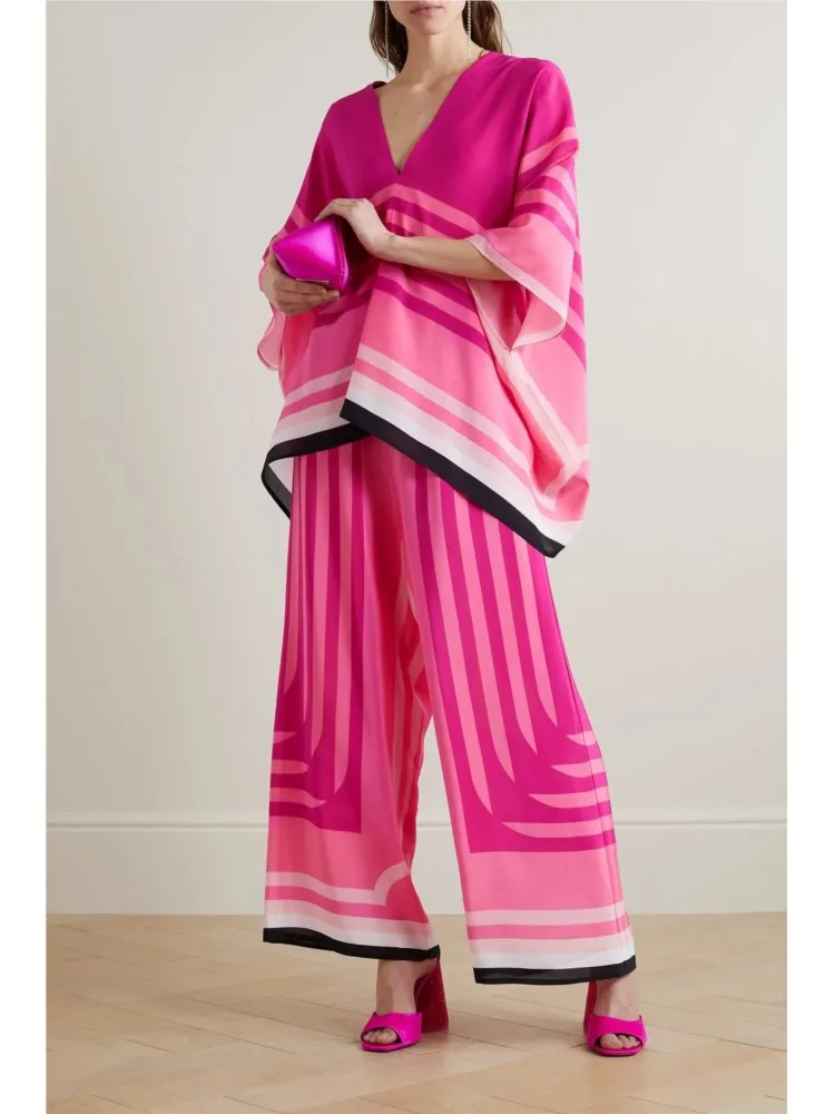 

Womens Casual Home Suits Two Piece Set Summer Autumn Fashion Flower Printing Long Sleeve Top & Wide Leg Long Pants Beach Sets