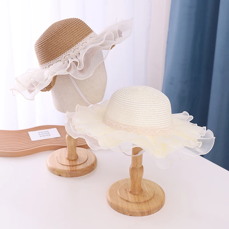 

2022 Fashion Lace Trim Straw Sun Hat for Adult Child Women Girl Beach Cap Sun Visor Cap UV Protection in Summer Casual Cap