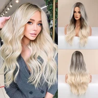 long wavy brown ombre blonde synthetic wigs cosplay party daily wig for women middle part heat resistant fibre synthetic hair