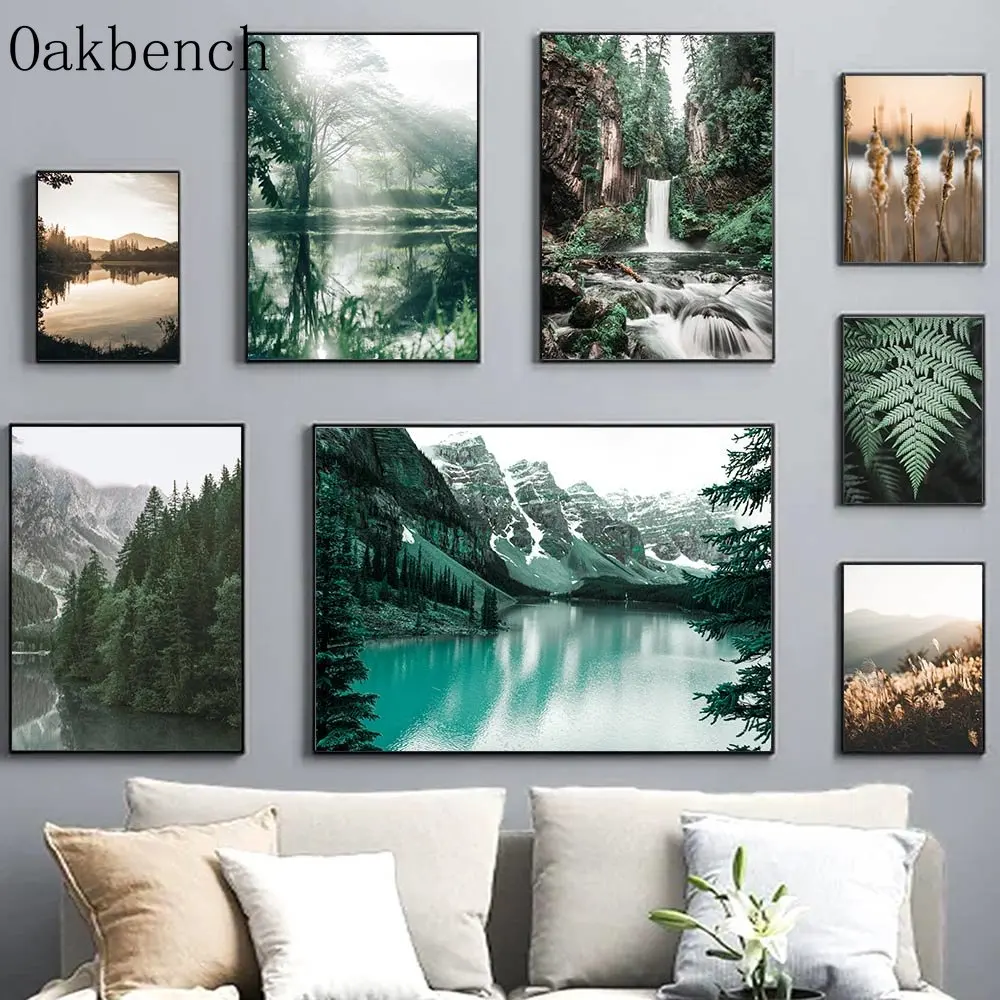 

Natural Landscape Canvas Poster Lake Forest Print Pictures Reed Palm Leaf Art Prints Mountain Wall Art Nordic Posters Home Decor