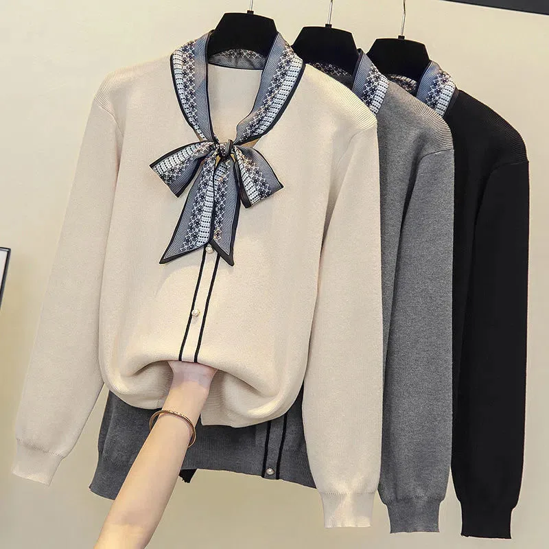 

Women's 2023 Spring New Loose Sweaters Top Bow Ribbon Sweater Cardigan Autumn Fashion Bottoming Shirt