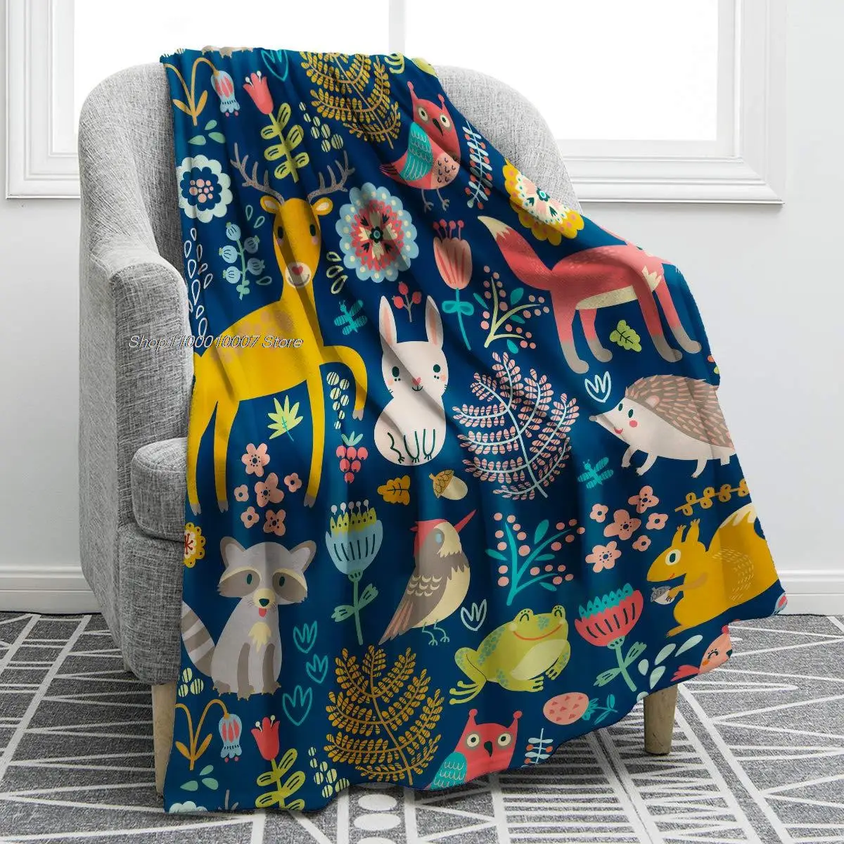 

Cartoon Forest Animals Blanket Soft Warm Deer Rabbit Owl Fox Print Throw Blanket for Kids Adults Gift Sofa Chair Bed Office