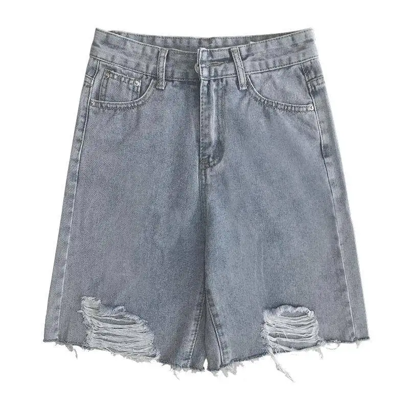 

Women's Ripped Short Jeans with Tassel for Summer Women Shorts with Pocket and Zip Button High Waist Solid Slim Mini Denim Pants