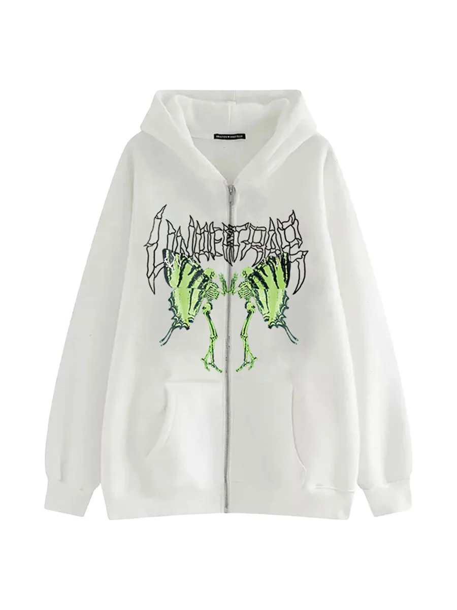 

Y2k Sweatshirt Women Men Oversized Aesthetic Zip Up Cross Printed Hoodie Vintage Graphic Printed Skeleton Skull Bone Butterfly
