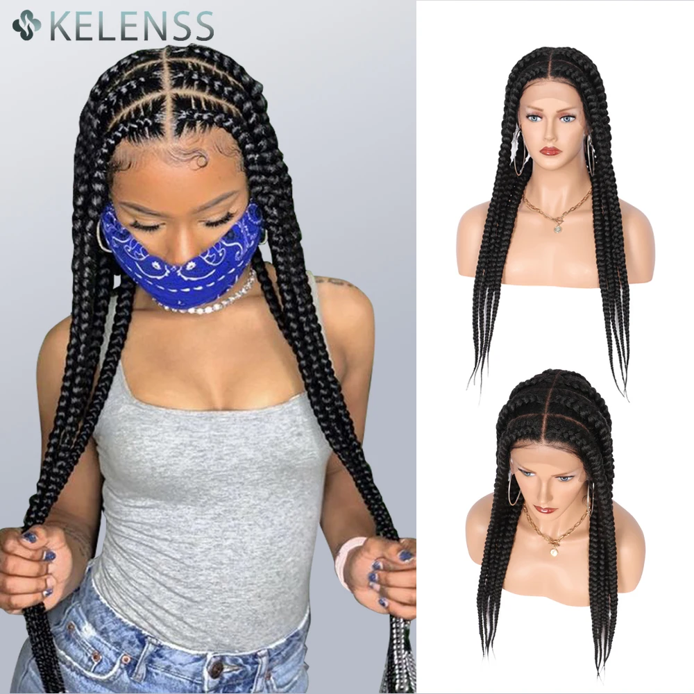 

Kelenss 30 Inches Pop Smoke Braided Synthetic Wigs with Baby Hair 360 Full Head Lace Front Box Braids Wig for Black Women
