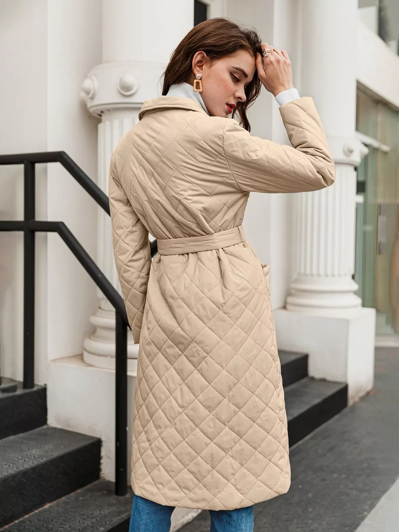 New2022 Long straight winter coat with rhombus pattern Casual sashes women parkas Deep pockets tailored collar stylish outerwear