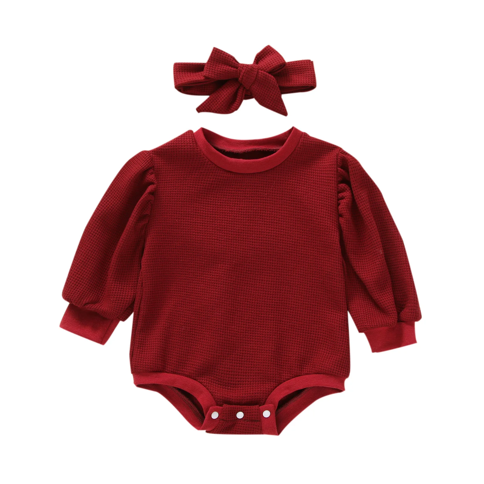 

Lioraitiin 0-24M Newborn Infant Baby Girl's Romper Hedaband Round Neck Long Puff Sleeve Design Bottom Snap Button Warm Jumpsuit