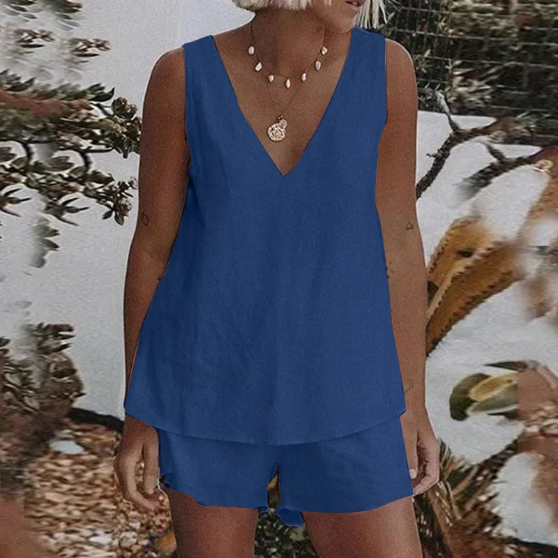 

Летний комплект из 2 предметов, Женский Повседневный однотонный костюм без рукавов, жилет с V-образным вырезом и шорты с эластичным поясом, ж...