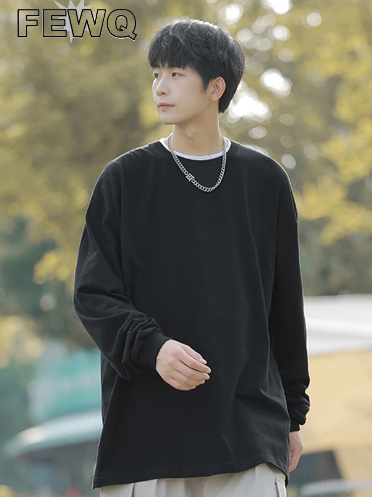 

Мужская футболка с длинным рукавом FEWQ, черная однотонная Повседневная футболка с круглым вырезом, свободного покроя, простой стиль, Новинка...