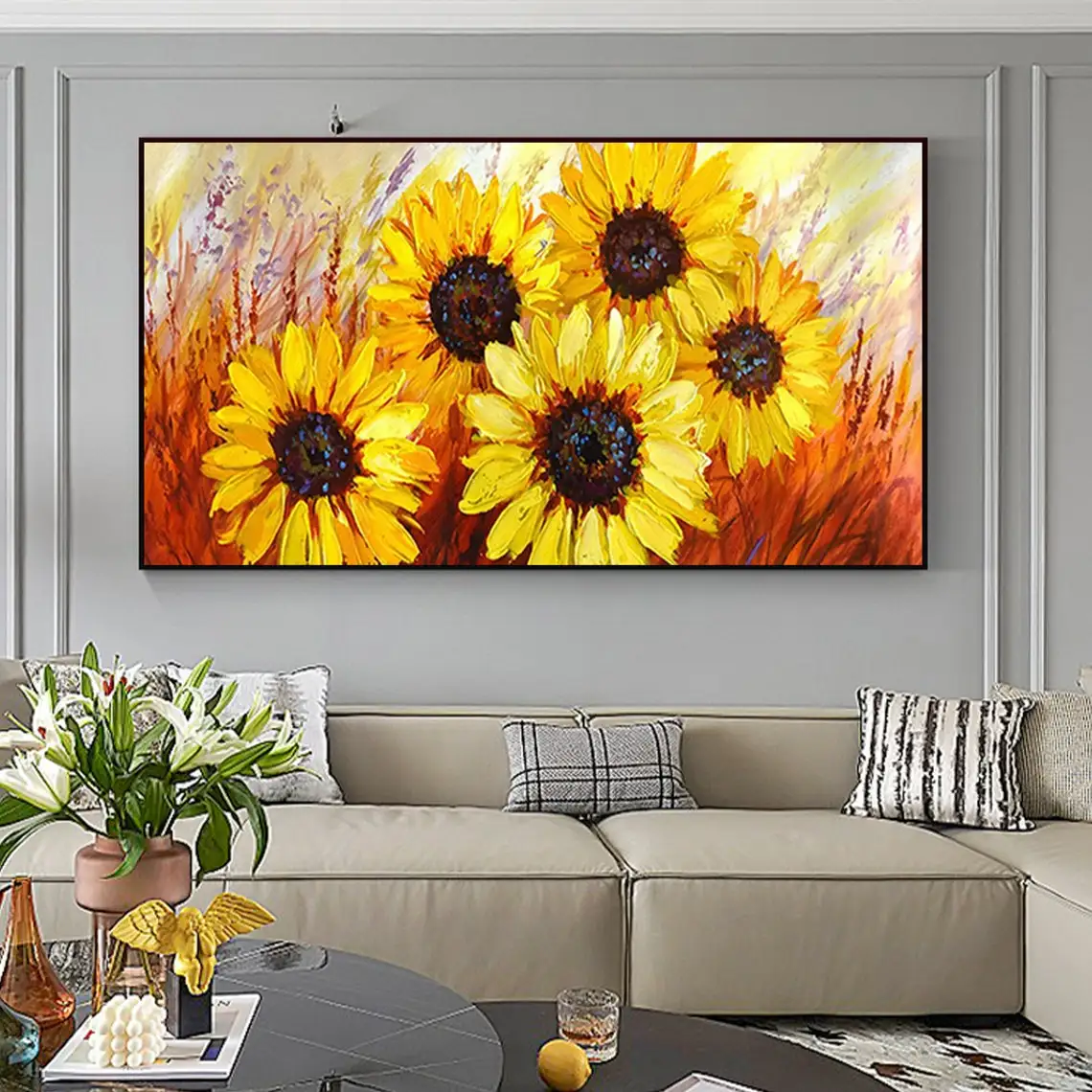 

Large Blossom Sunflower Oil Painting Handmade Canvas Original Abstract Yellow Floral Landscape Acrylic Paintings Modern Wall Art