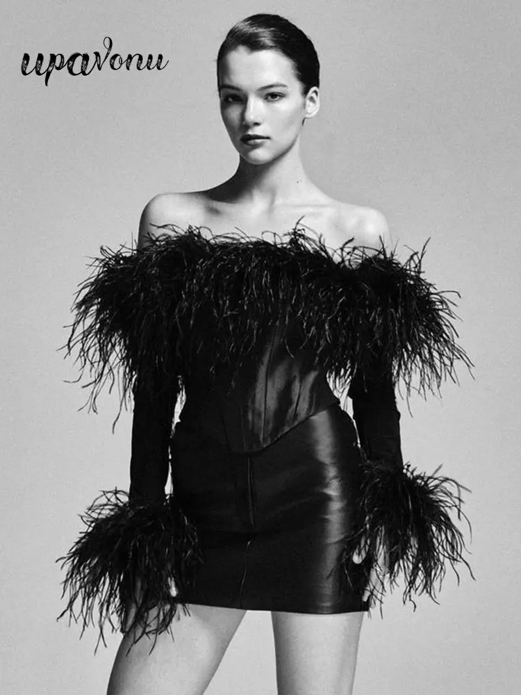 

Сексуальное Лоскутное Бандажное платье с перьями, женское облегающее мини-платье с одной линией шеи и зажимом на плечах, вечернее платье для дня рождения