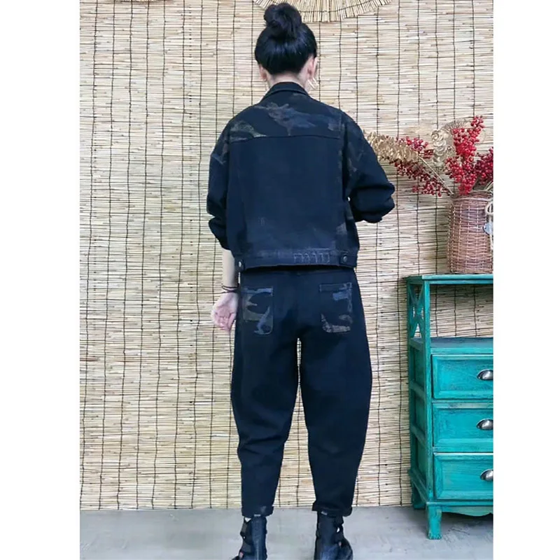 Женский джинсовый костюм с принтом в стиле ретро длинными рукавами ковбойский