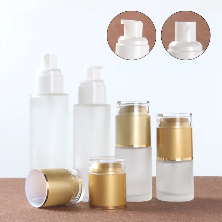 

Cosmetic Glass Package 20ml 30ml 40ml 60ml 80ml 100ml 120ml Frosted Glass Spray Bottle Gold Pump Caps 20g 30g 50g Glass Jars