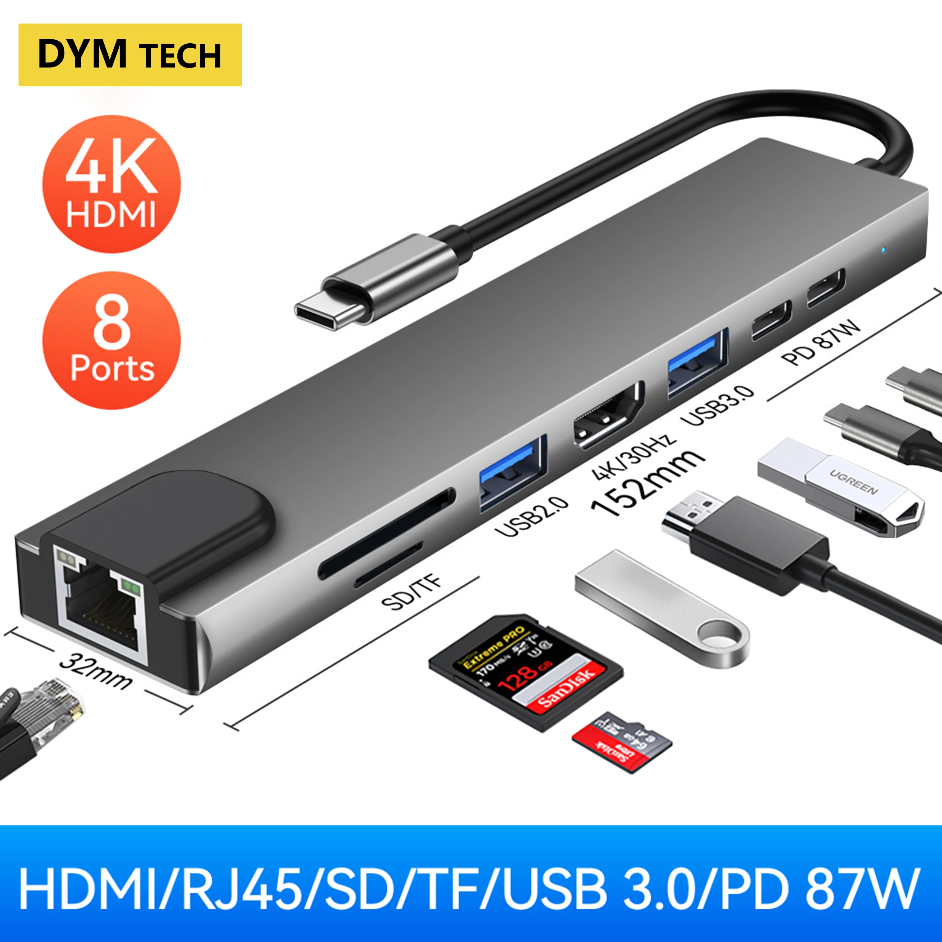 

4 / 8 in 1 USB 3.0 Hub For Laptop Adapter PC PD Charge 8 Ports Dock Station RJ45 HDMI-4K TF/SD Card For Macbook Type-C Splitter