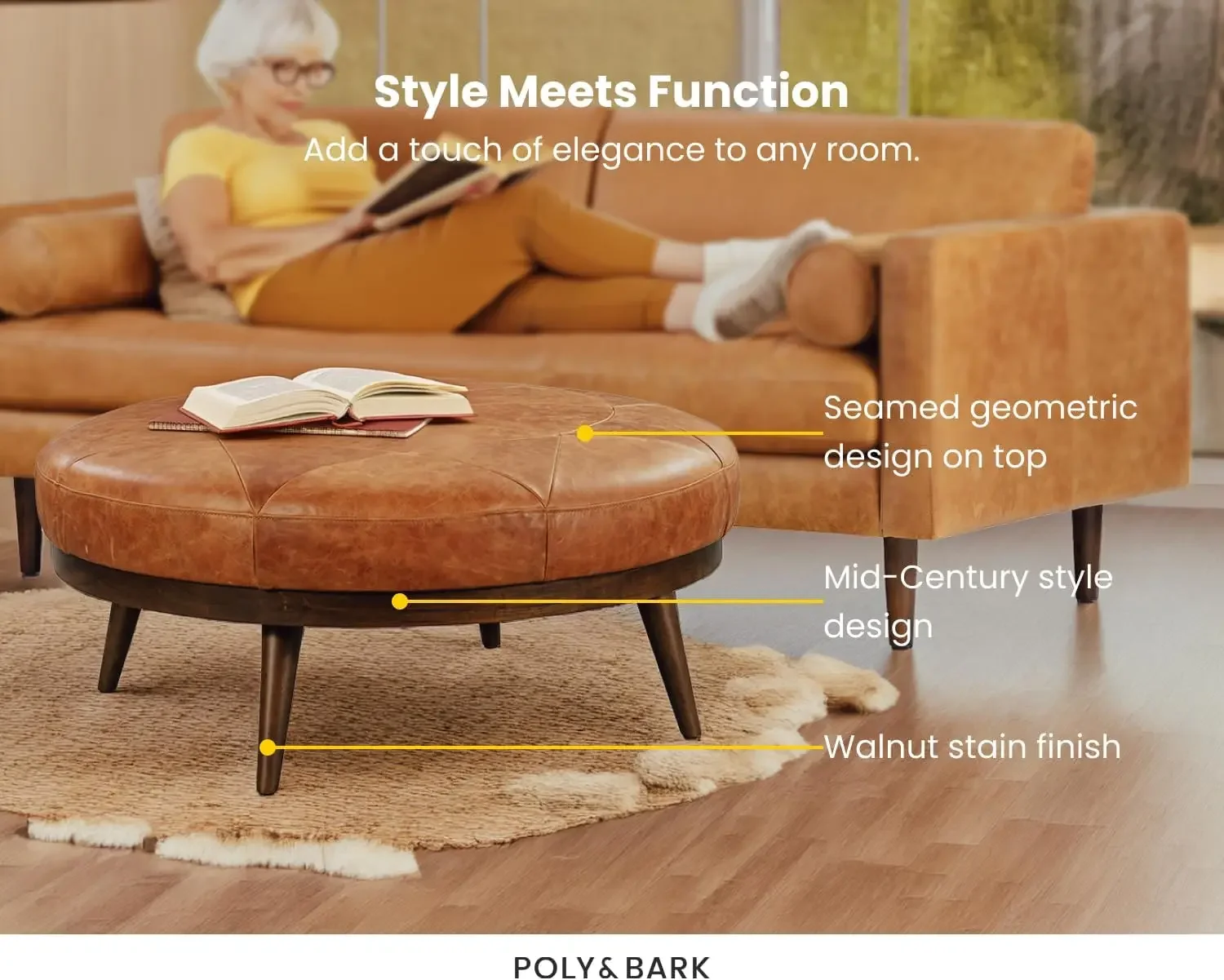 home.POLY &amp BARK Gio Современный кожаный пуф-пуф (коньяк Тан)