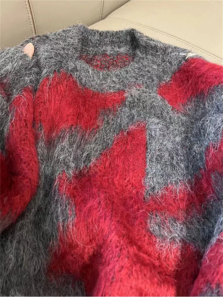 

Трикотажный Свитер контрастных цветов в стиле ретро, топы с круглым вырезом и длинным рукавом, новинка сезона осень-зима 2022, пуловер в стиле ...