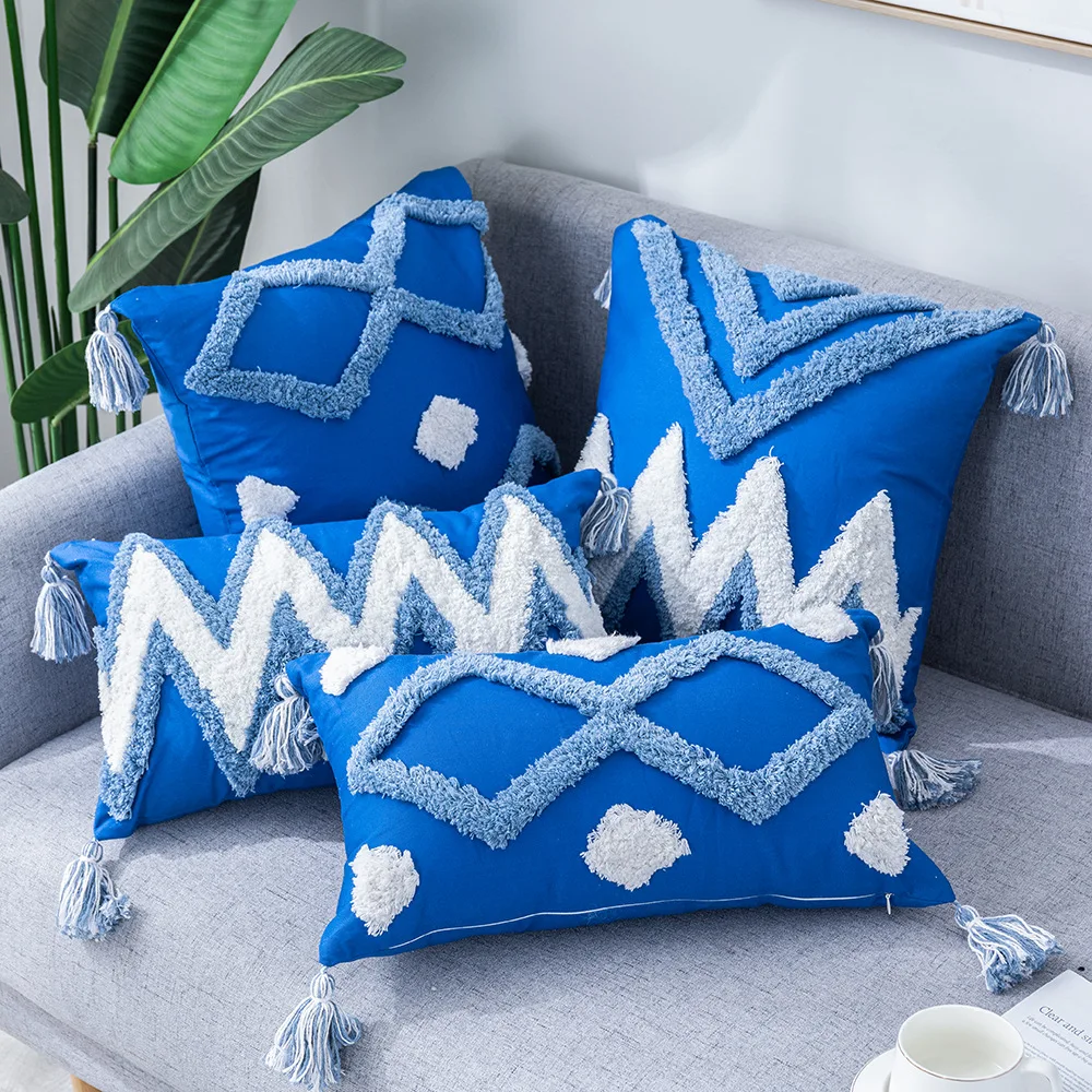 

Blue And White Embroidery Cushion Cover Tassel Pendant Pillow Cover Nordic Pillow Covers Decorative For Sofa Bed Home Decoration