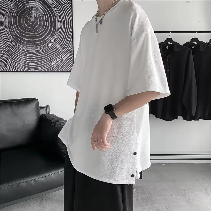 

Summer New Men T-shirt Short-Sleeved T-shirt Cotton Solid Color Buckle Design Casual Hip Hop Oversized T-shirt Korean Fashion