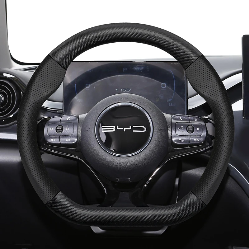 Фото Для BYD текстура углеродного волокна перфорированный кожаный чехол на руль Dolphin Mini Atto 3 Seal U Song Plus King Seagull F3 Pro №1