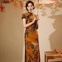 nvnang chinese cheongsam spring and autumn new womens yellow collar long fashion split short sleeved chinese style cheongsam
