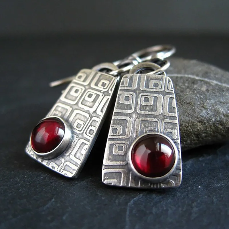 

Tribal Geometric Metal Red Round Stone Dangle Earrings For Women Ancient Jewelry Engraved Square Pattern Drop Earring Women Gift