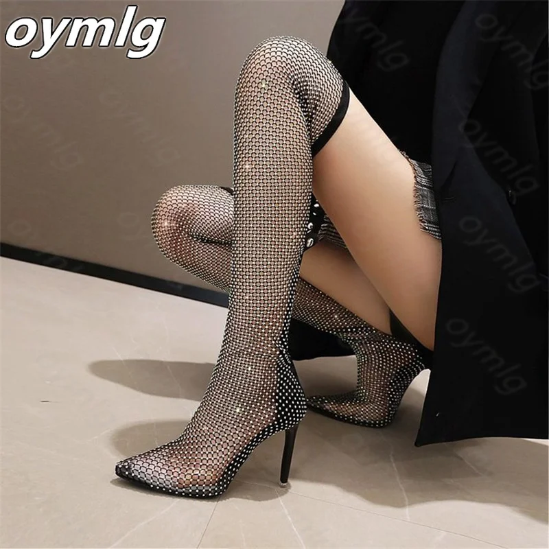 

Summer Bling Bling Rhinestone Mesh Pointed toe Sandals Ankle Boots Stiletto High Heels Female Crystal Mesh Shoes Sandals