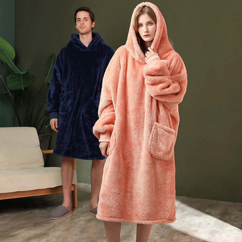 

Couple Winter Bathrobe Solid Thick Tv Blanket Ladies Hooded Fleece Long Sleeve Pockets Oversize Pajama Homewear For Female
