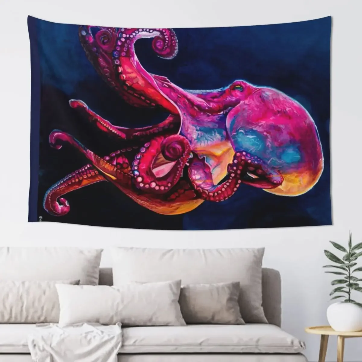 Глубокий красочный розовый и синий осьминог тушь картина из глубины гобелен