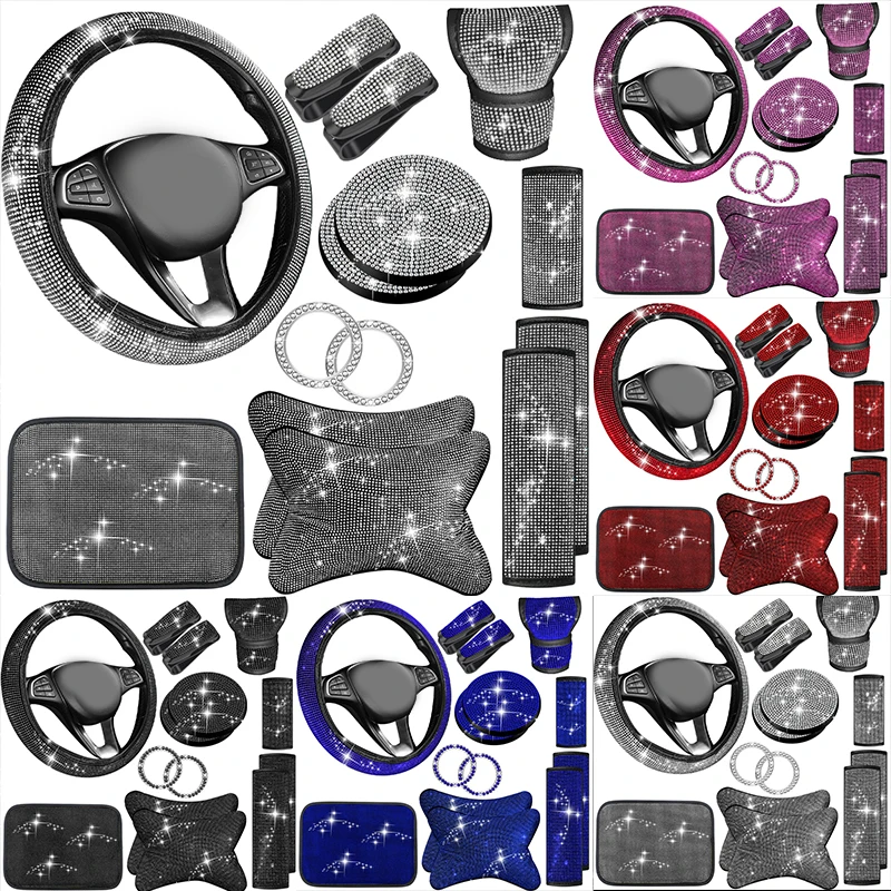 

14Pcs Bling Car Steering Wheel Cover Auto Coaster Shift Handle Cover Headrest Shoulder Armrest Pad Clips Car Accessories Set